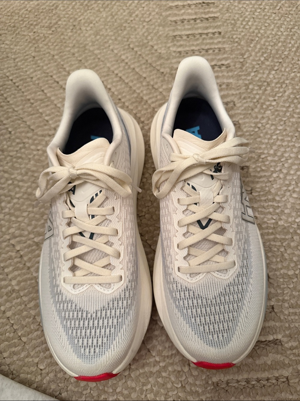 Hoka Men's White Running Shoes with Light Blue Accents and Red Toe - Picture 3 of 6